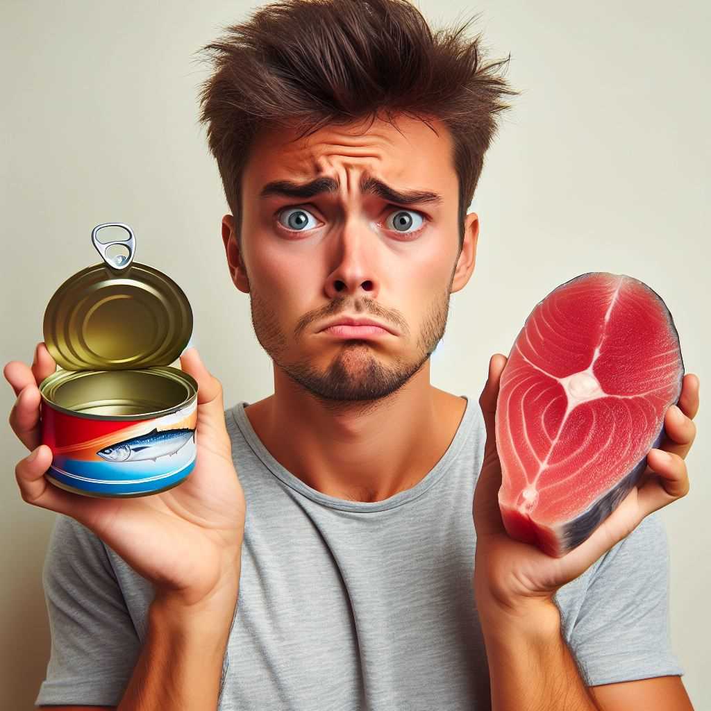 Person looking confused while holding a can of tuna and a fresh tuna steak, highlighting the differing mercury warnings.