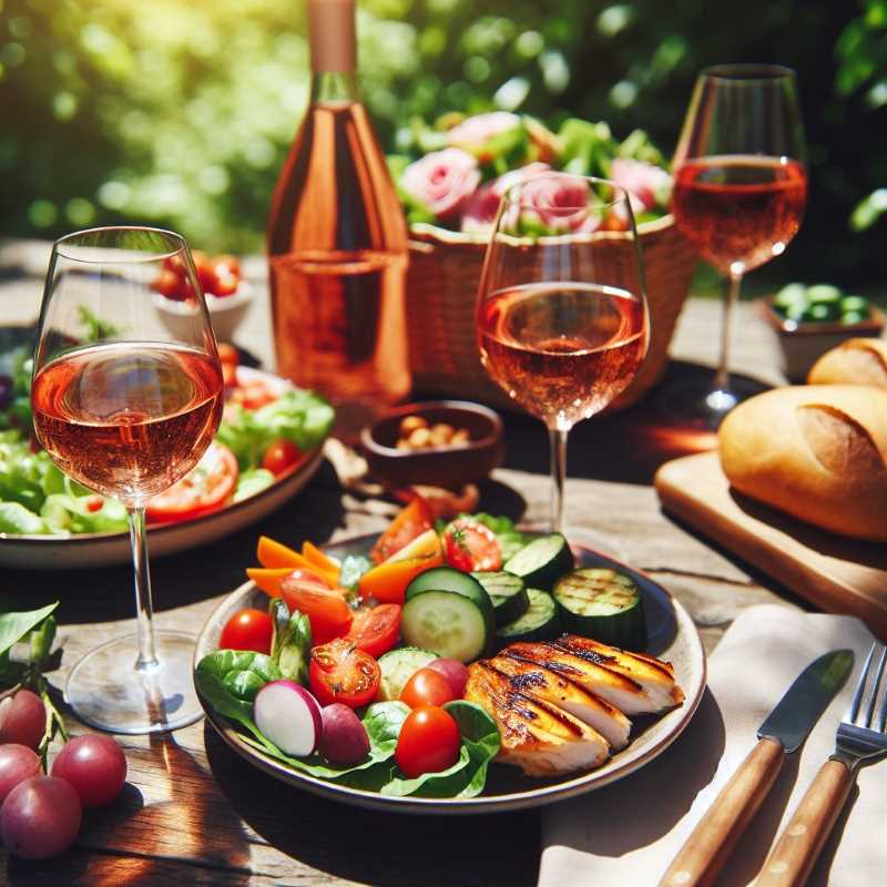 A picnic spread featuring rosé wine, grilled chicken, and a vibrant salad under dappled sunlight.
