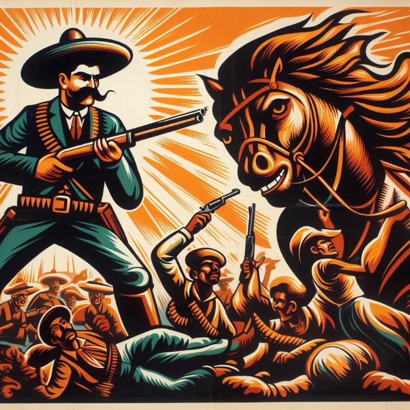 Vintage propaganda poster showing Emiliano Zapata holding gun, fighting against troops loyal to the Mexican government.