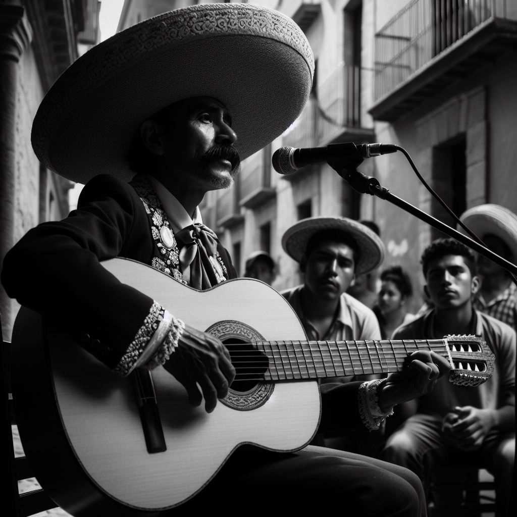 Mexican musician playing a traditional guitar, symbolizing the role of corridos in the revolution.