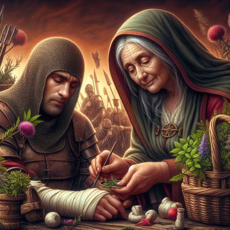 A medieval healer with gentle hands uses traditional remedies to care for a sick soldier.