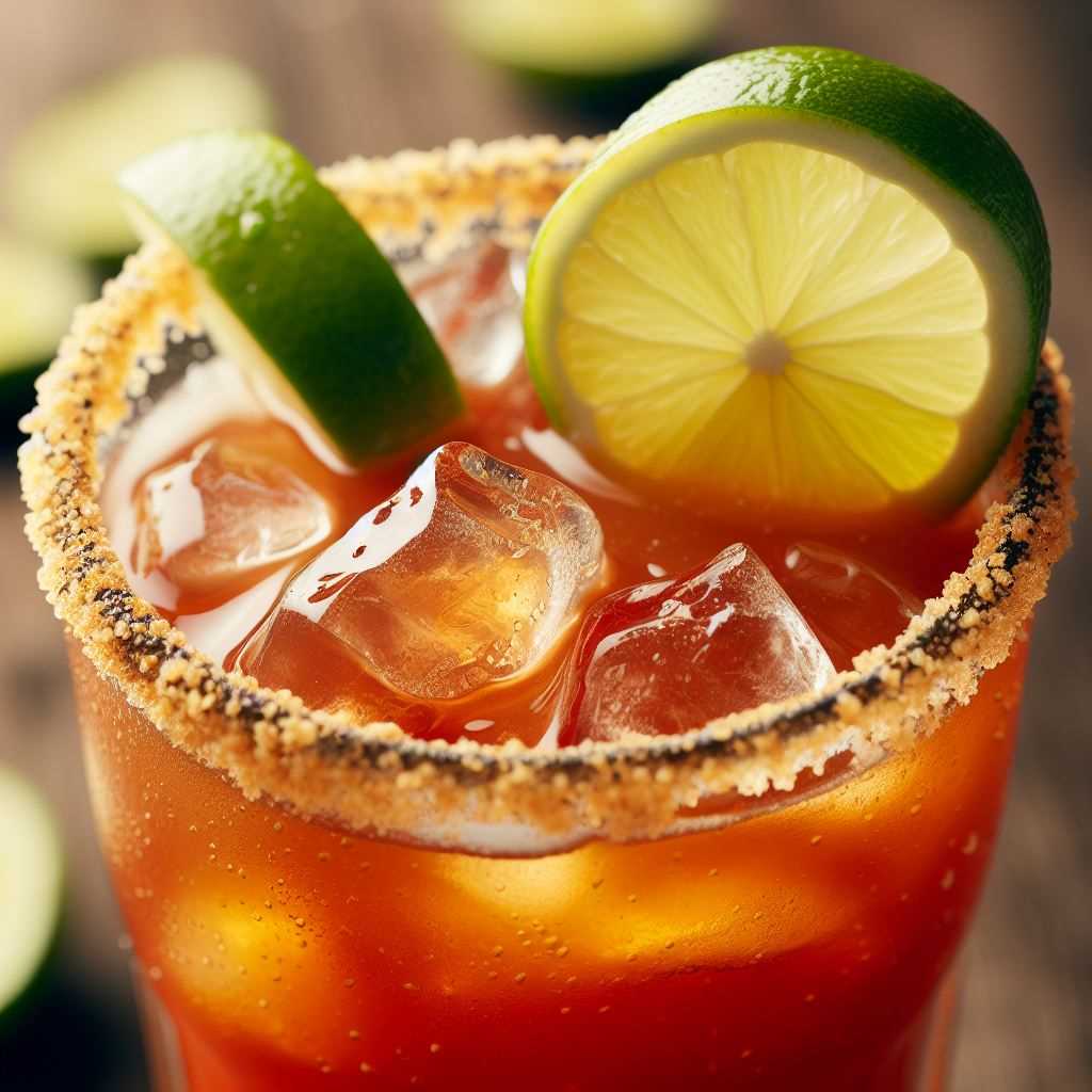 Close-up of a Michelada cocktail prepared with light lager, clamato juice, a salted rim, and a lime wedge.