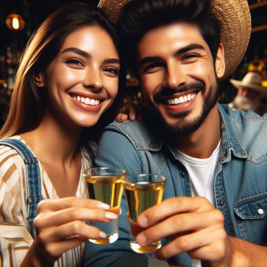 Couple smiling and clinking shot glasses filled with golden tequila during a tasting.