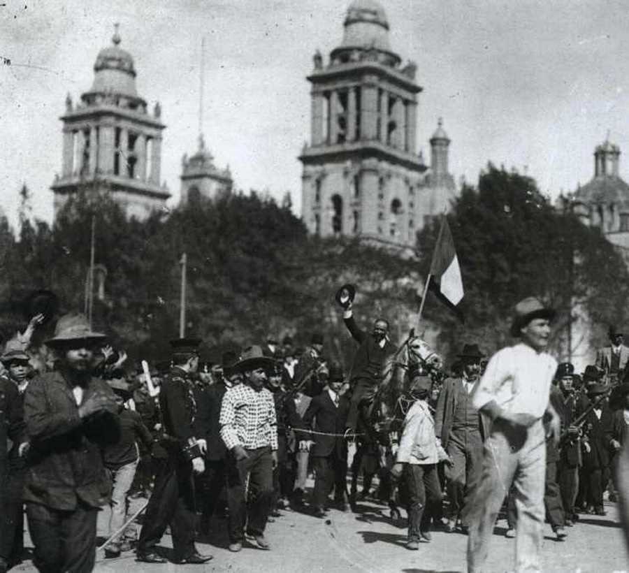 Francisco I. Madero, surrounded by supporters, triumphantly enters Mexico City in 1911.