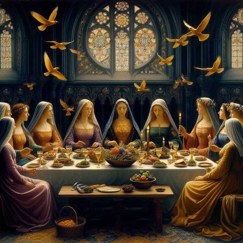A vibrant medieval illustration depicting women gathered around a mystical banquet.
