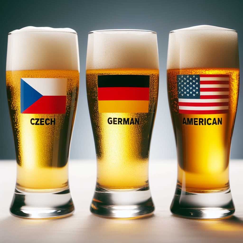 Three small glasses containing different Pilsners – Czech, German, American – side by side for comparison.