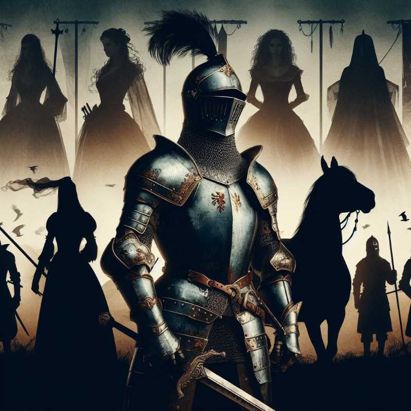 Medieval knights in armor, with silhouettes of women in the background, symbolizing the hidden roles of women during the Middle Ages.
