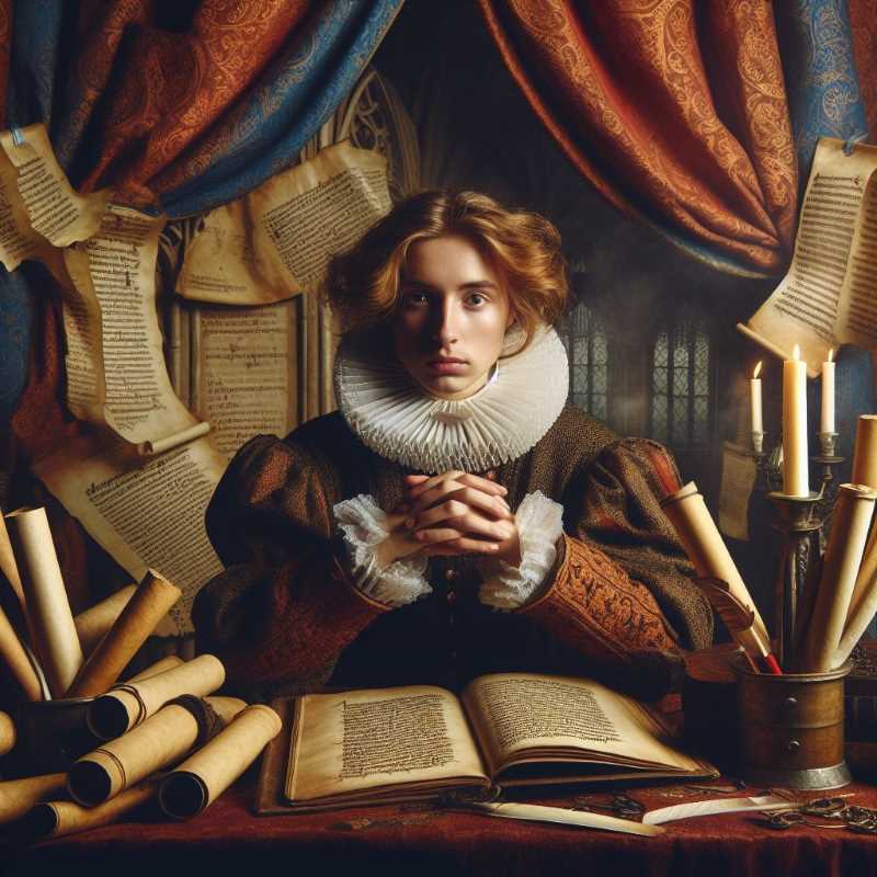 A medieval English woman who disguised herself as a man to pursue knowledge, surrounded by scrolls and quills.