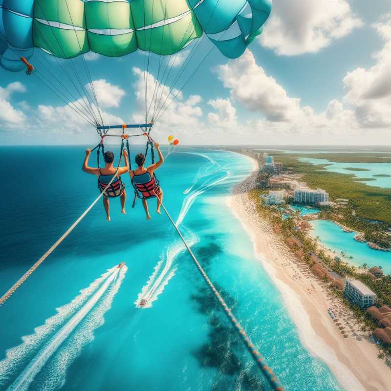 Two people parasailing with vibrant parachute over the blue Caribbean Sea near Cancun.