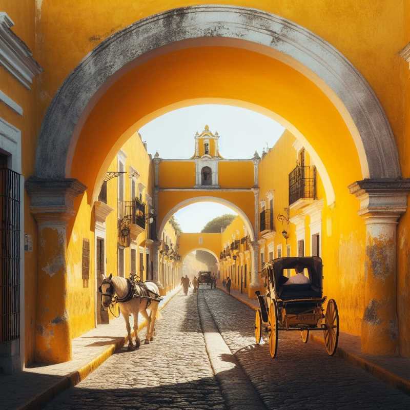 Colonial street in Izamal, Mexico, painted entirely in yellow, with a horse-drawn carriage passing under a sunny archway.
