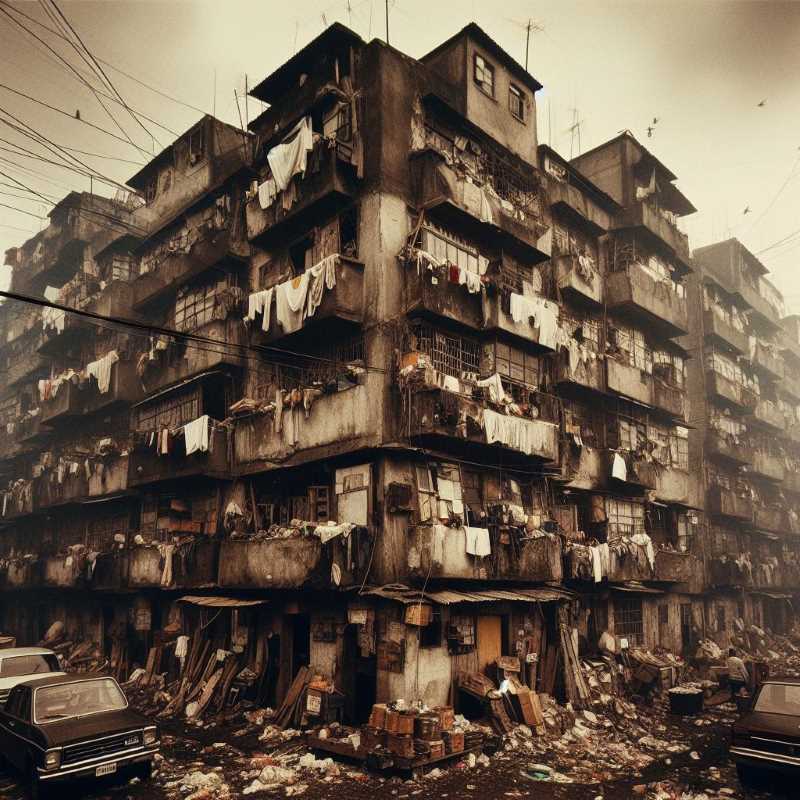 A run-down apartment building in Mexico City, representing the harsh living conditions and lack of opportunity.