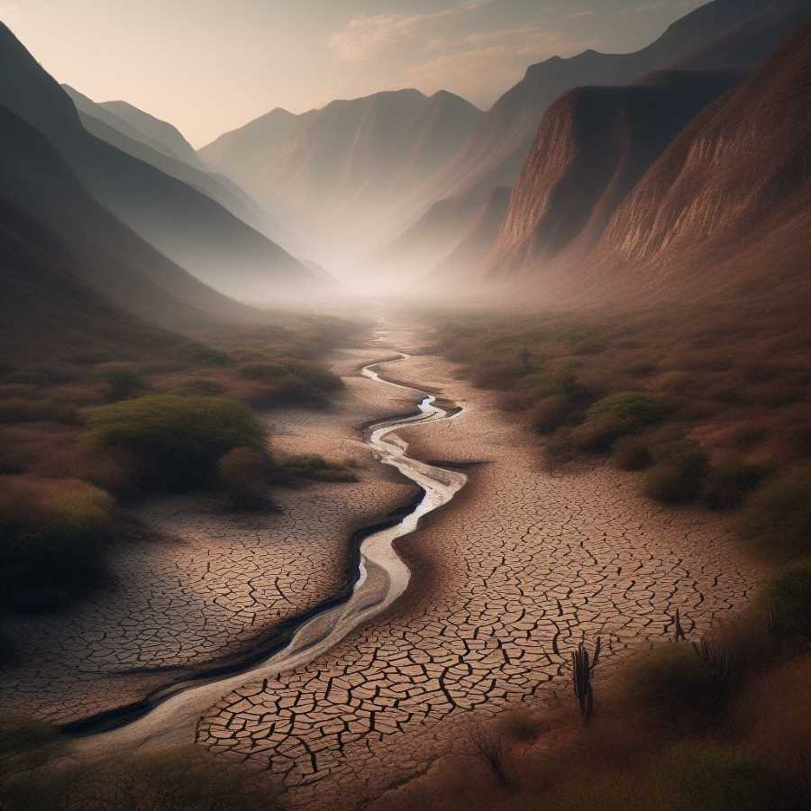 Arid riverbed in the Valley of Mexico, highlighting the severity of the water crisis.