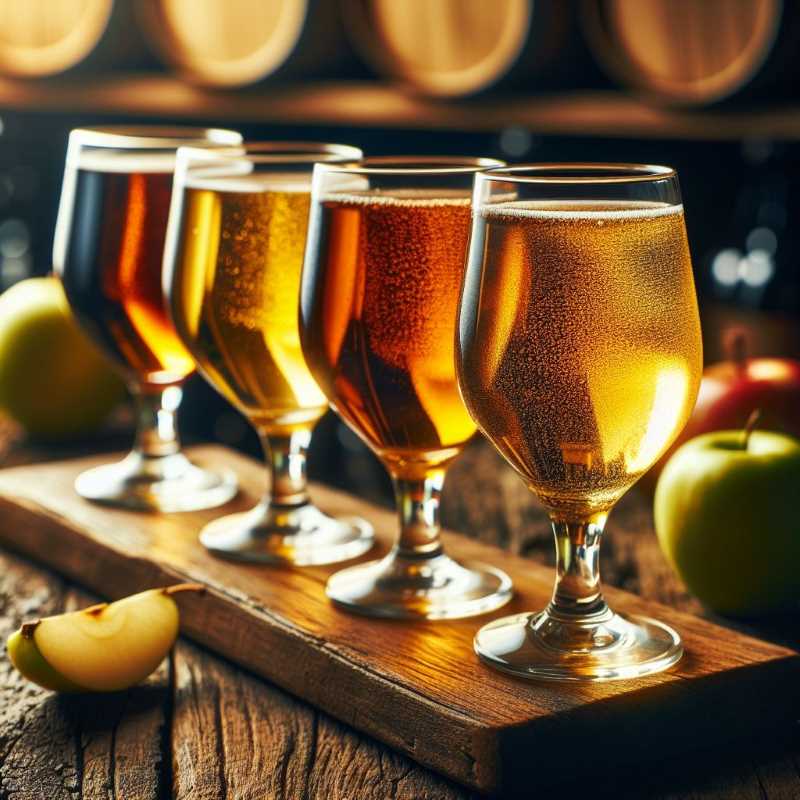 A tasting flight of ciders in various glasses, demonstrating the color variations found in different cider styles.