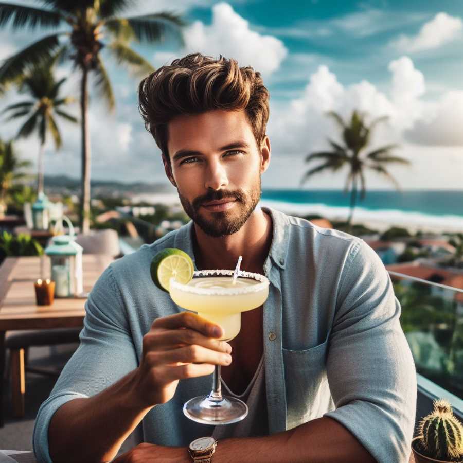 A person holding a mimosa on a rooftop terrace with palm trees and an ocean view in the background.