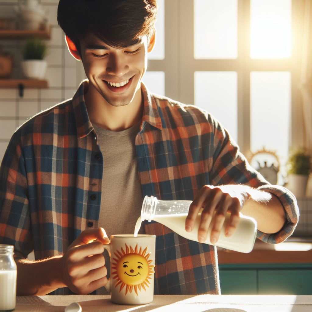 A person pouring slightly separated thawed milk into a mug with a smile.