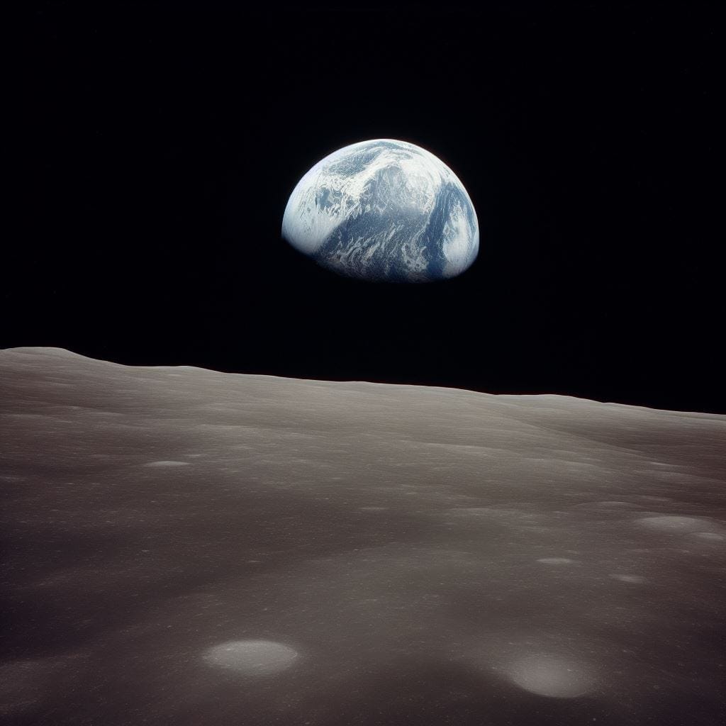 Earth rising above the lunar surface, emphasizing its small size and fragility against the vastness of space.