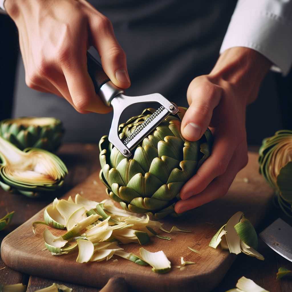 A close-up photo of a peeler removing the outer leaves of an artichoke.