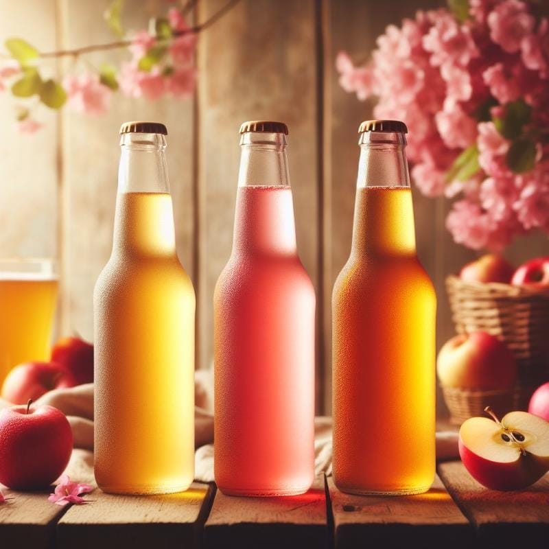 A diverse flight of ciders with colors ranging from pale straw to bright pink.