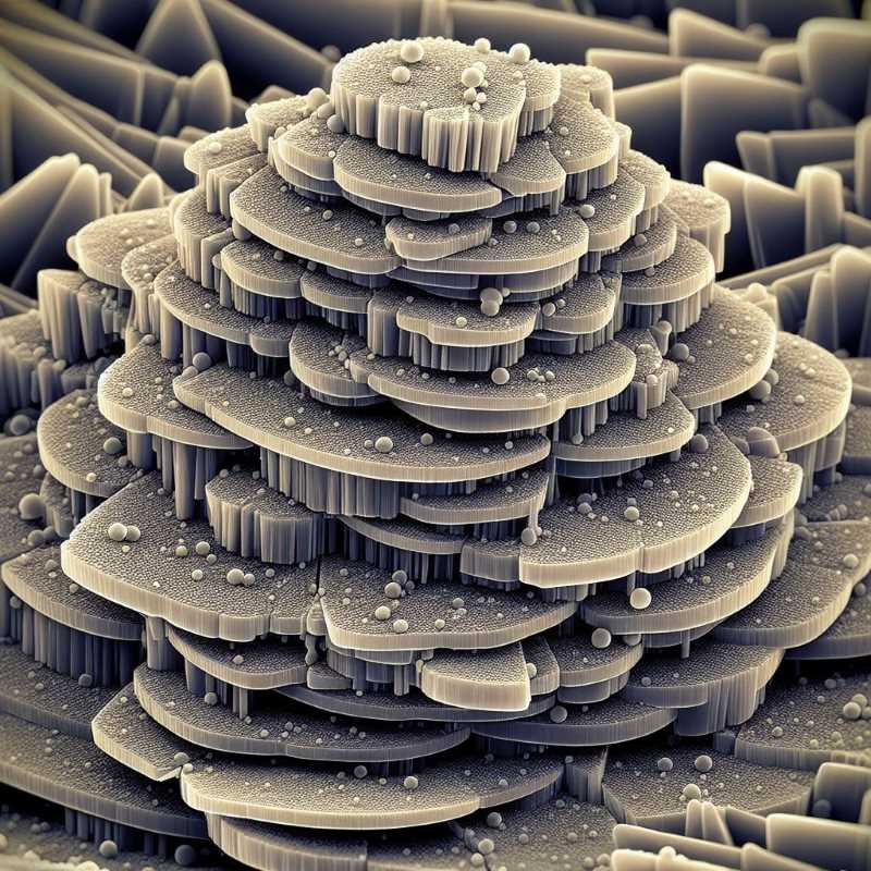 Close-up image of laponite showing its disc-like nanoparticles and stacked structure.