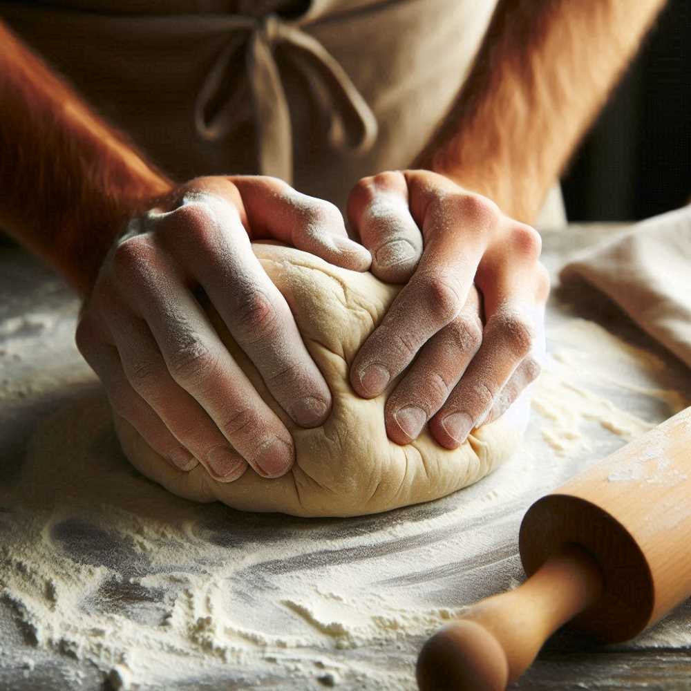 A baker's hands kneading dough with a dusting of flour on their fingertips.