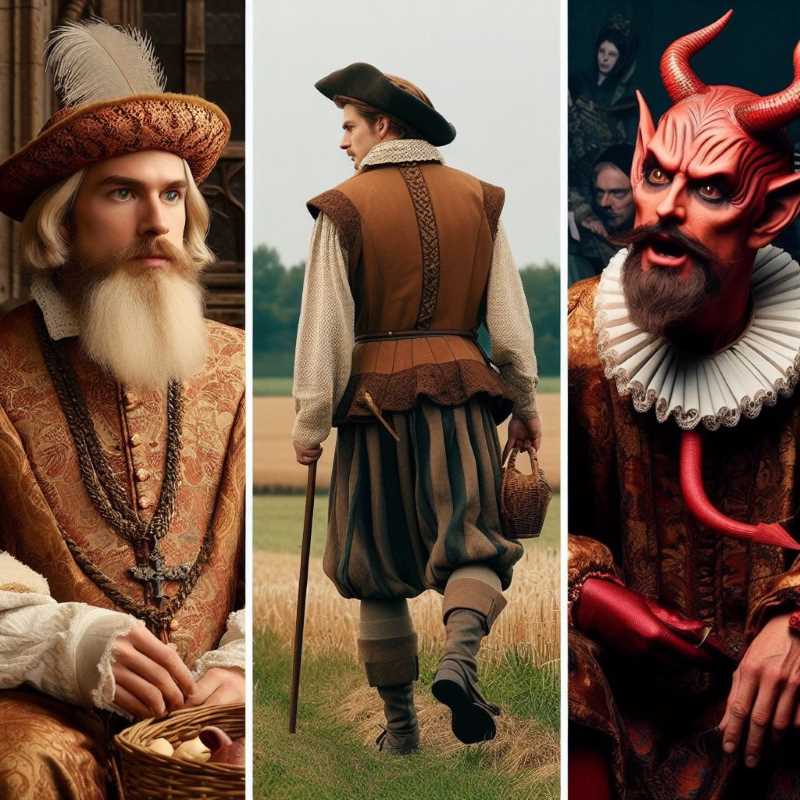  Collage showcasing the evolution of pastorela costumes: 16th-century European shepherd, traditional Mexican peasant shepherd, and a modern, stylized devil.