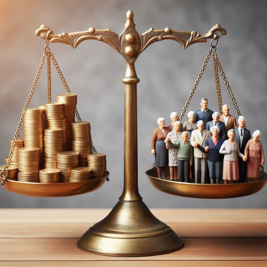 A scale with coins on one side and a group of elderly people on the other, representing the need for financial balance in the Pension Fund.