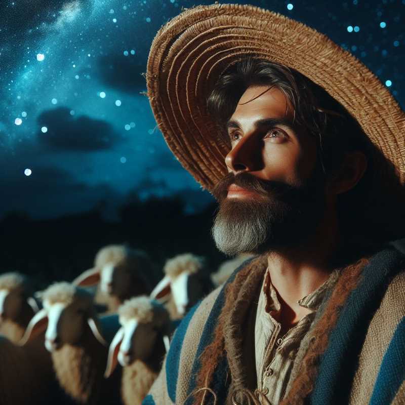 A shepherd stands in mixed clothing, looking up at a starry night, representing the cultural blend within Mexican pastorelas.