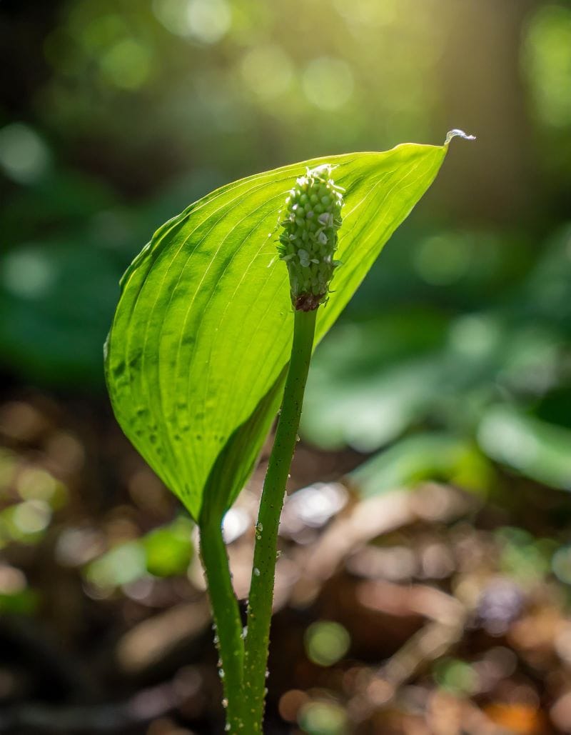 A close-up photo of a young plantain shoot emerging from the earth, its leaf a vibrant green.