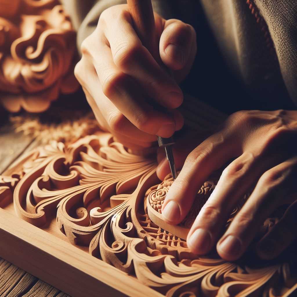 Person using a chisel to carve intricate details into a piece of smooth cedarwood.