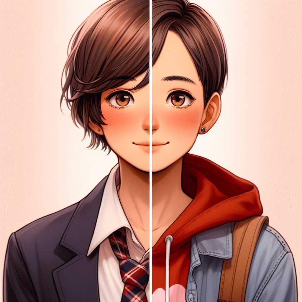 A split image. On the left side, a student with short hair and a worried expression is wearing a traditional school uniform. On the right side, the same student with a smile is wearing a more casual outfit that reflects their gender identity.