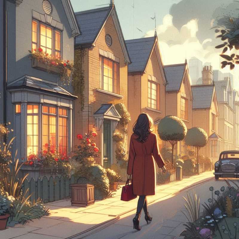 Woman walking down a street lined with houses.