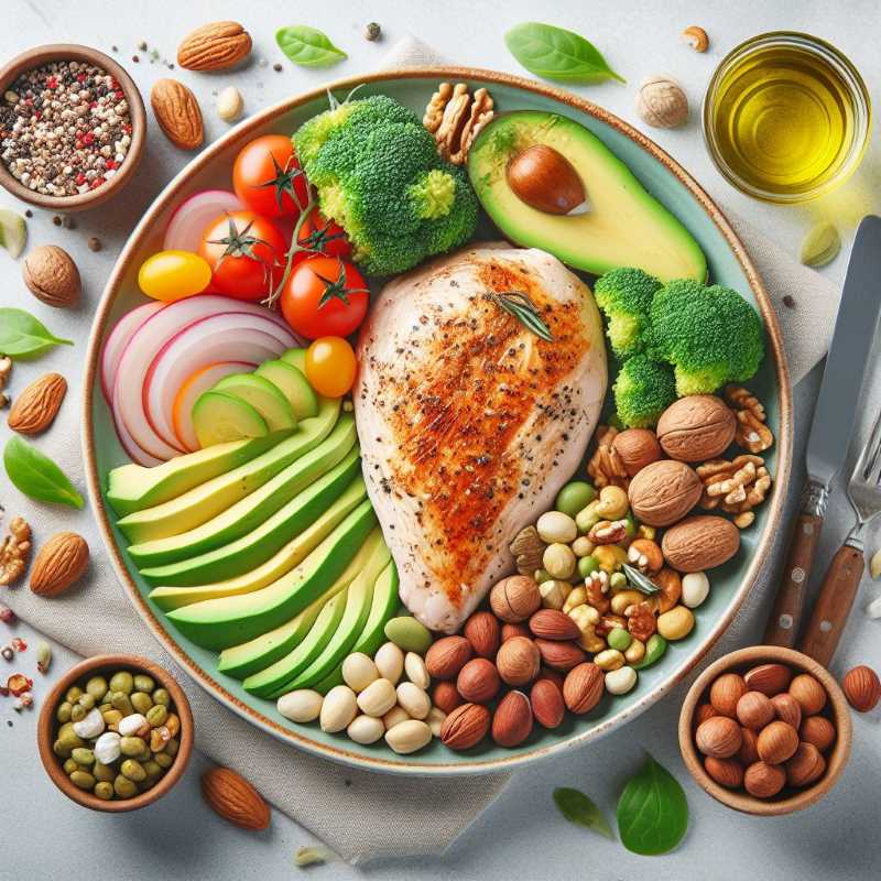 Colorful plate with chicken breast, avocado slices, nuts, and other healthy foods. Text overlay: Get your protein naturally!