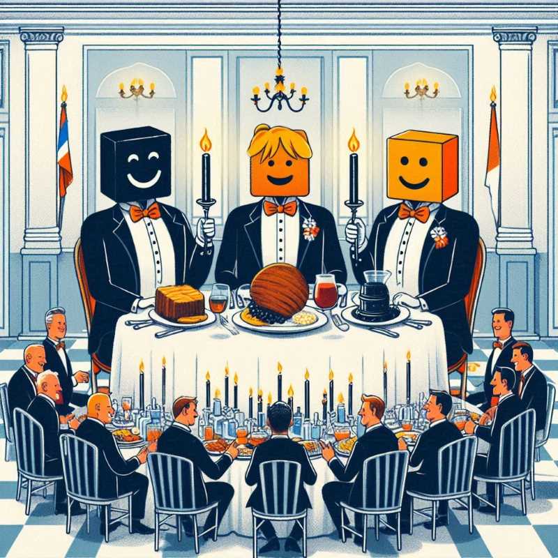 Illustration of a gala dinner party with three figures representing coal, oil, and natural gas.