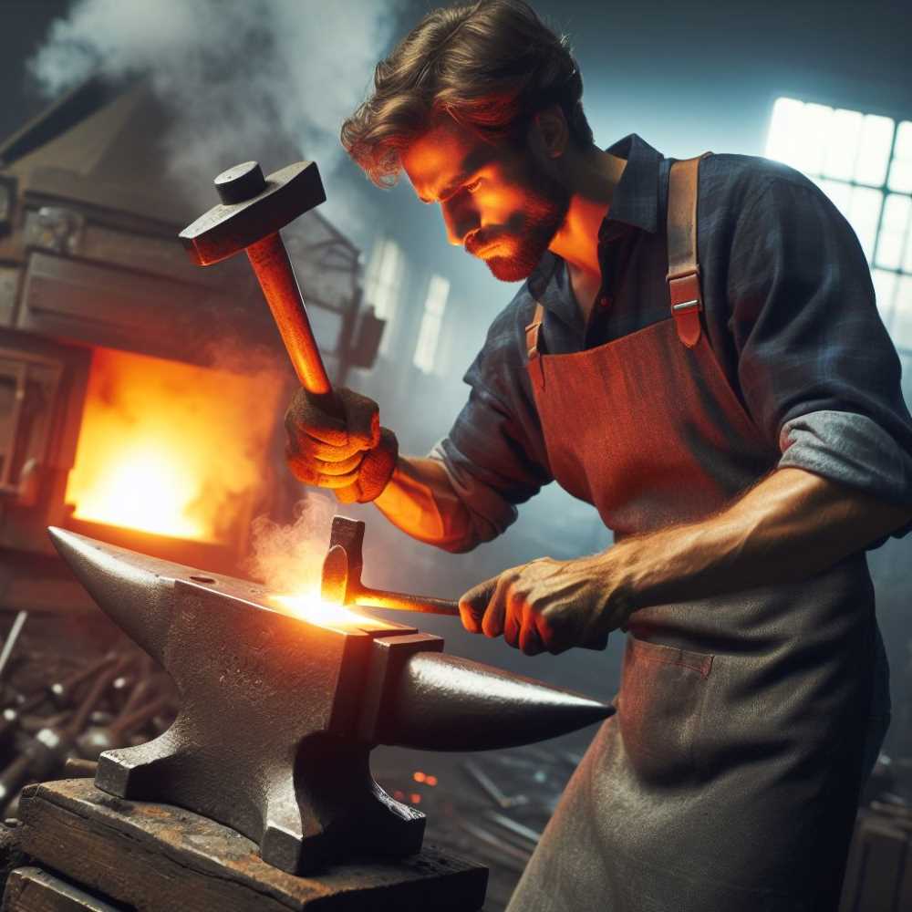 A metallurgist hammering hot metal on an anvil, showcasing the ancient origins of chemical manipulation.