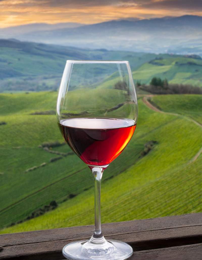 A close-up photo of a wine glass filled with a lighter-colored red wine, set against a backdrop of rolling green hills.