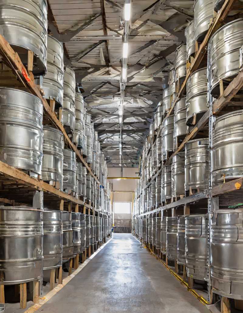 A photo of a maple syrup warehouse with rows of stacked metal barrels.
