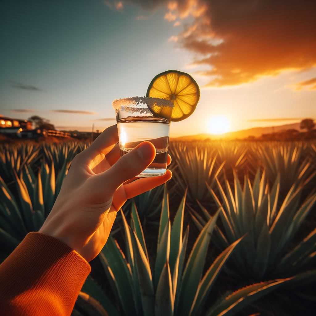 Photo of a hand holding a glass of tequila with a lime wedge and salt, with a colorful sunset over a field of agave plants in the background.