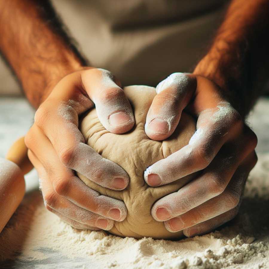 Close-up of hands kneading a ball of light brown dough on a floured surface.