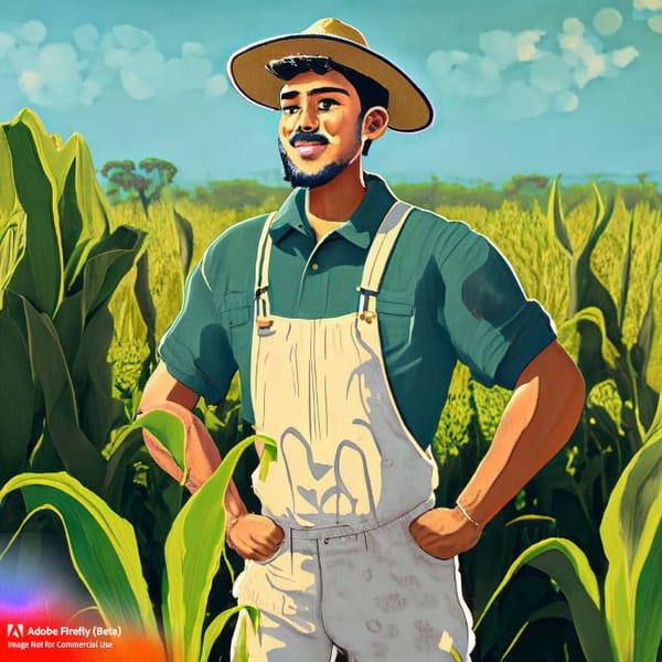 A Mexican farmer stands proudly in a verdant cornfield.