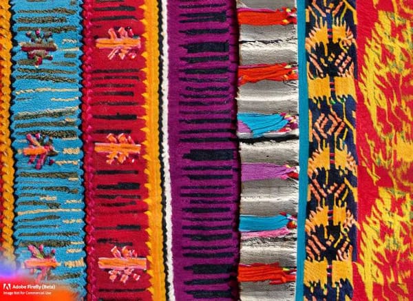 A colorful tapestry, woven with threads of different origins and textures, representing Mexican culture.