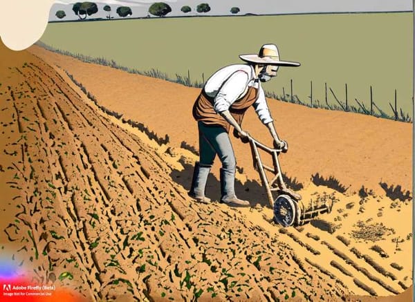 A farmer plows the land, creating parallel furrows using the besana technique.