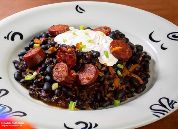 A delicious plate of Toluca beans topped with chorizo sausage, cream, and onion.