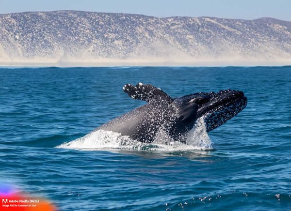 A mother gray whale and her calf breach the surface of the Sea of Cortez during a whale-watching tour.