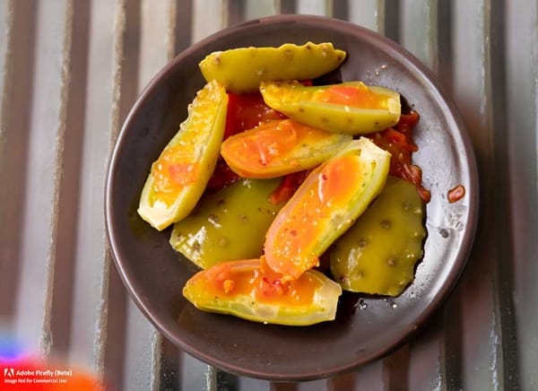 Colorful and tangy pickled nopales, a perfect accompaniment to grilled meats and fresh salads.