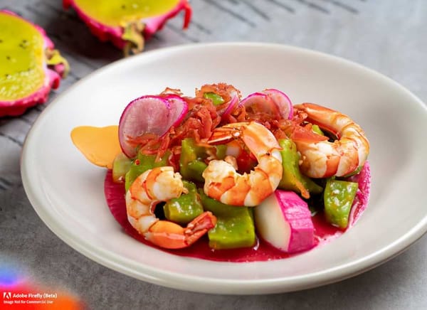 Pitaya Aguachile showcases succulent shrimp, tangy pitayas, and a symphony of colors in every bite.