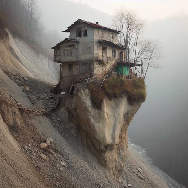 A precarious home clinging to a crumbling slope, highlighting the human cost of neglecting landslide risks.