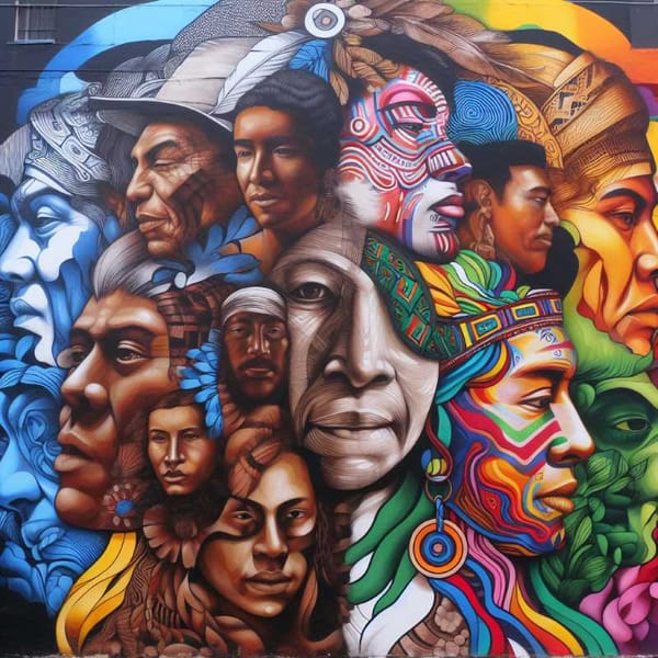 A mural depicting indigenous and Afro-Mexican figures seamlessly blended.