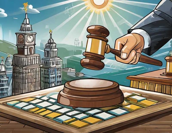 A cartoon-style depiction of a judge slamming a gavel down on a Monopoly board with City Hall properties.