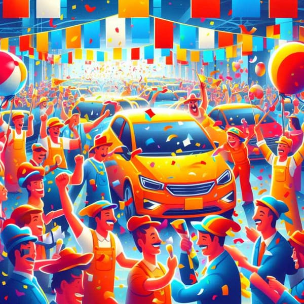 A joyous atmosphere depicts the Mexican automotive industry's triumph.