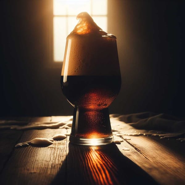 A close-up shot of a dark, rich Bock beer swirling in a glass, casting dramatic shadows on a wooden table.
